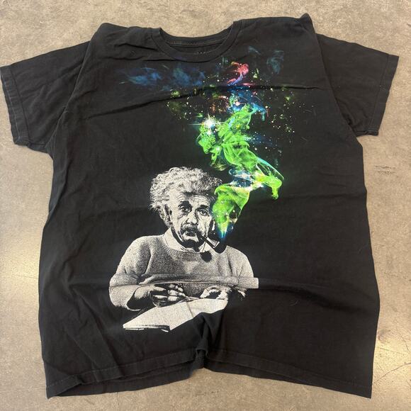 Vintage Y2K Black Albert Einstein Graphic Tee Multicolor Neon Scientist XL - Picture 1 of 5